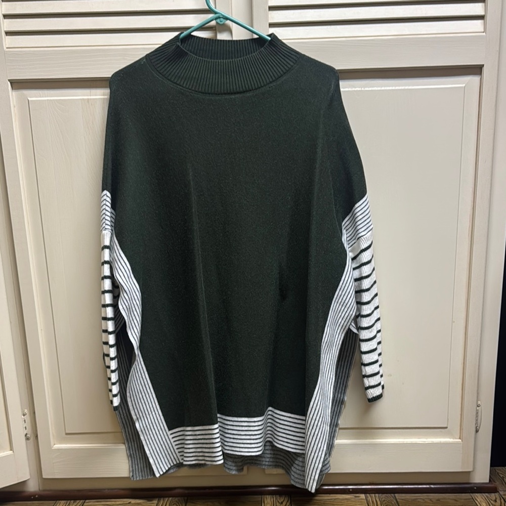 Women’s Striped Green and White Poncho Sweater